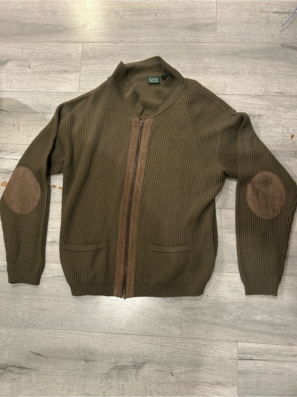 L.L. Bean Olive Ribbed Zip-Up Sweater with Brown Elbow Patches